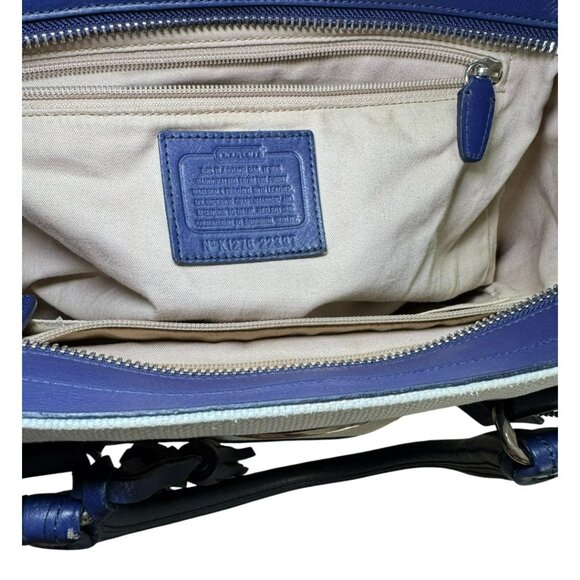 Coach Stripe Canvas & Navy Leather Satchel Tote – Tassel Bag Zip Pocket – Large - Picture 3 of 13